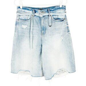 Express Women's 90s High Rise Distressed Belted Blue Denim Bermuda Size 4 NWOT
